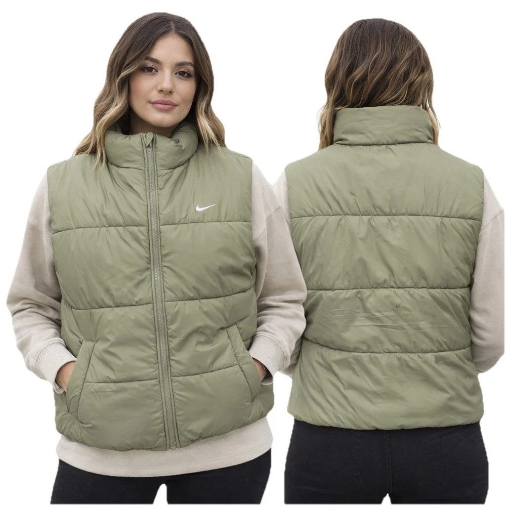 Nike‎ Vest Womens XL Olive Green Puffer Sportswear Therma Fit Loose Fit Full Zip